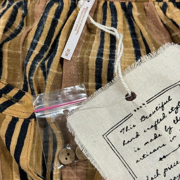 Free People Castaway Striped Button Front Long Sleeve Crochet Trim Boho Top Sz M - Picture 10 of 15